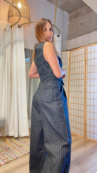 Maggie Navy Blue Denim Set with White Pinstripe - Front Buttoned Vest and High-Waisted Pants with White Sash