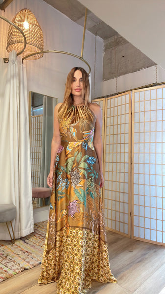 Anitta golden brown tropical print  flowy maxi dress