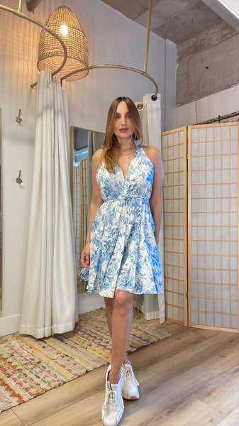 Naples halter dress in blue print