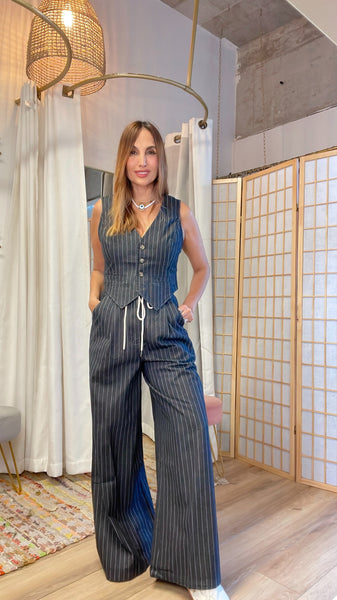 Maggie Navy Blue Denim Set with White Pinstripe - Front Buttoned Vest and High-Waisted Pants with White Sash