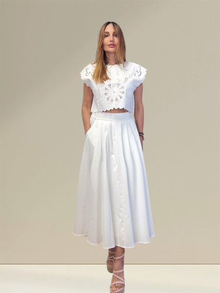 Title: "Kaia's Dreamy Duo: Eyelet Cropped Top & Maxi Skirt Set