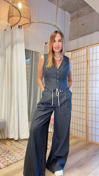 Maggie Navy Blue Denim Set with White Pinstripe - Front Buttoned Vest and High-Waisted Pants with White Sash