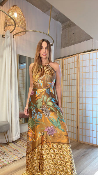 Anitta golden brown tropical print  flowy maxi dress