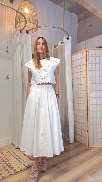 Title: "Kaia's Dreamy Duo: Eyelet Cropped Top & Maxi Skirt Set