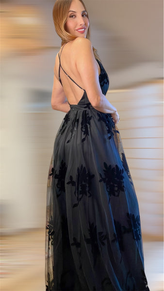 Naomi midnight black tulle maxi dress