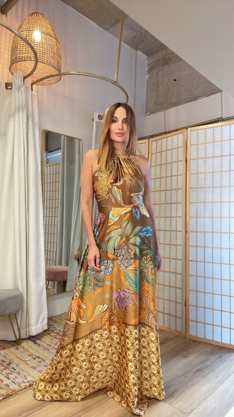 Anitta golden brown tropical print  flowy maxi dress