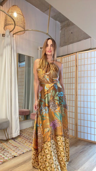 Anitta golden brown tropical print  flowy maxi dress