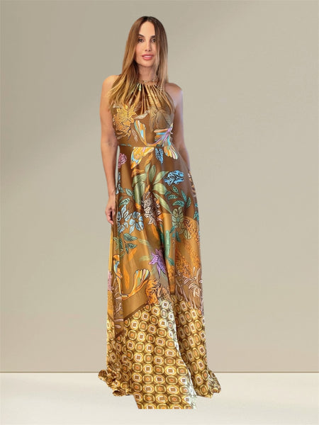 Anitta golden brown tropical print  flowy maxi dress