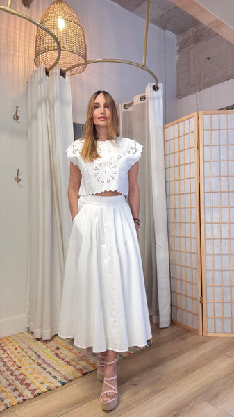 Title: "Kaia's Dreamy Duo: Eyelet Cropped Top & Maxi Skirt Set