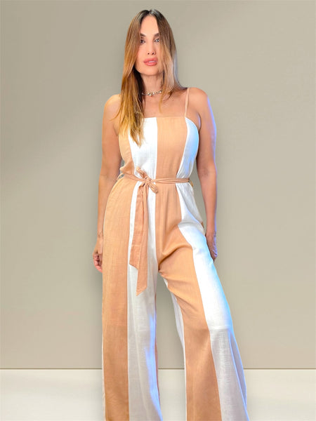 Coral jumpsuit in vertical color block