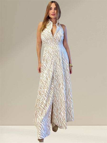 Miami Autumn halter zebra print maxi in buttermilk color