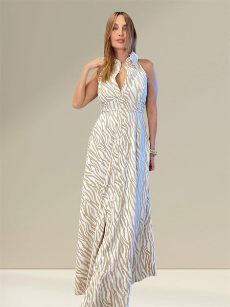 Miami Autumn halter zebra print maxi in buttermilk color