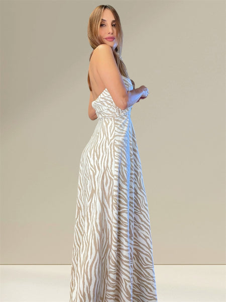 Miami Autumn halter zebra print maxi in buttermilk color