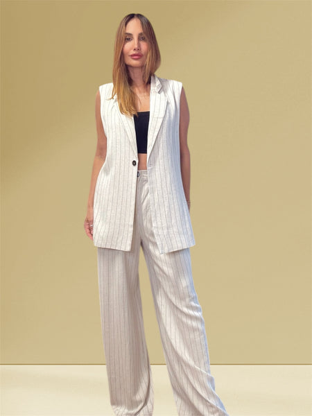 "Alexia's Chic Pinstripes: Neutral Oversized Vest & Pants Set"