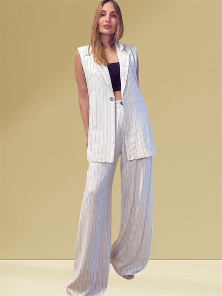 "Alexia's Chic Pinstripes: Neutral Oversized Vest & Pants Set"