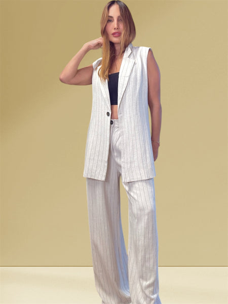 "Alexia's Chic Pinstripes: Neutral Oversized Vest & Pants Set"