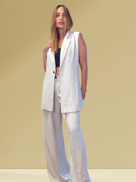 "Alexia's Chic Pinstripes: Neutral Oversized Vest & Pants Set"