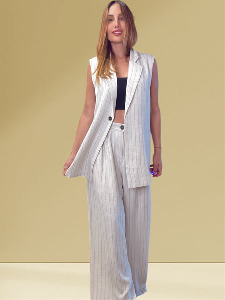 "Alexia's Chic Pinstripes: Neutral Oversized Vest & Pants Set"